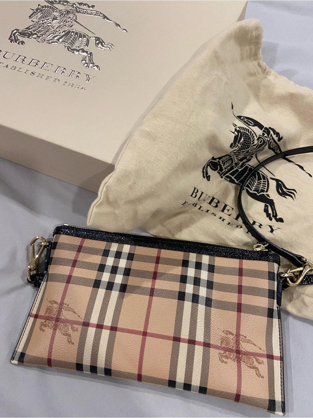 Burberry Tan Vintage Check Crossbody Pouch with Black Trim